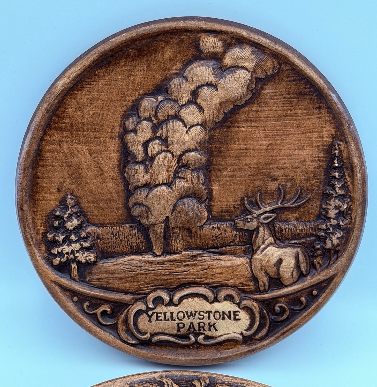 Vintage Pair Of Yellowstone National Park Treasure Craft Souvenir Wall Plaques