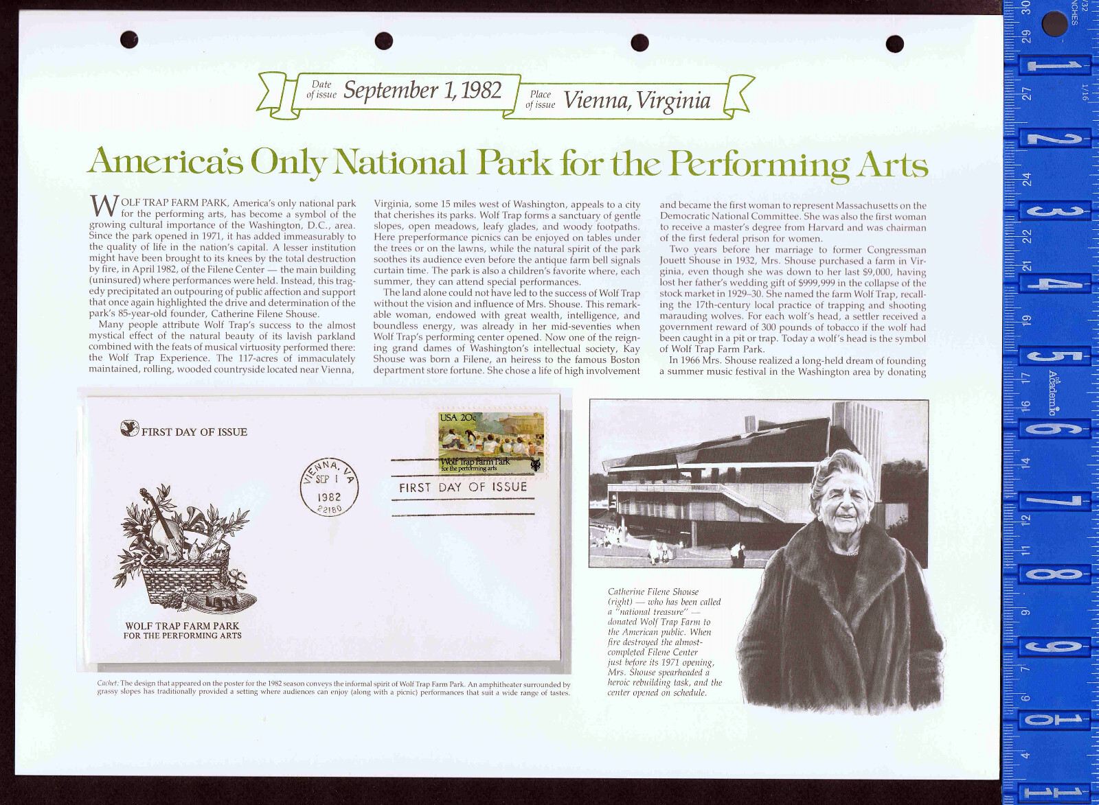 1982 WOLF TRAP FARM NATIONAL PARK Vienna VA First Day of Issue Stamp & History