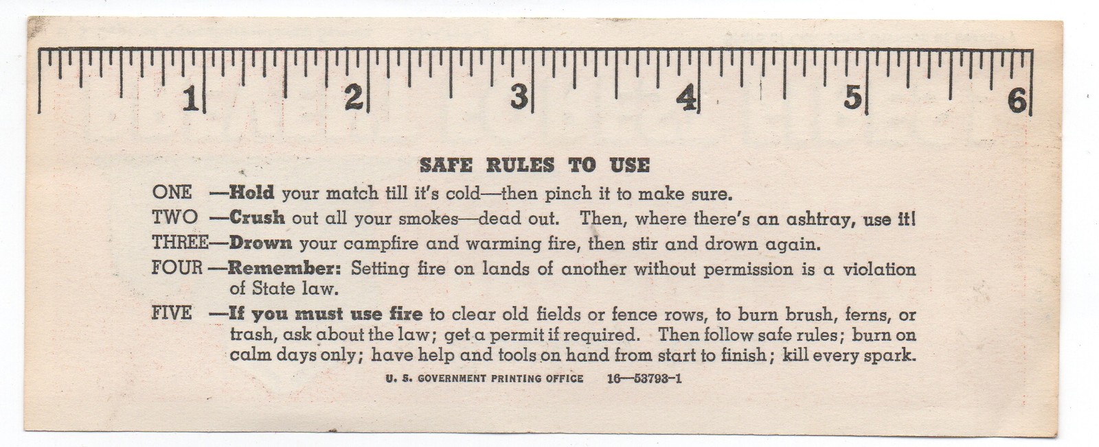 1950s Smokey the Bear Paper Advertising Ruler ” Prevent forest Fires “