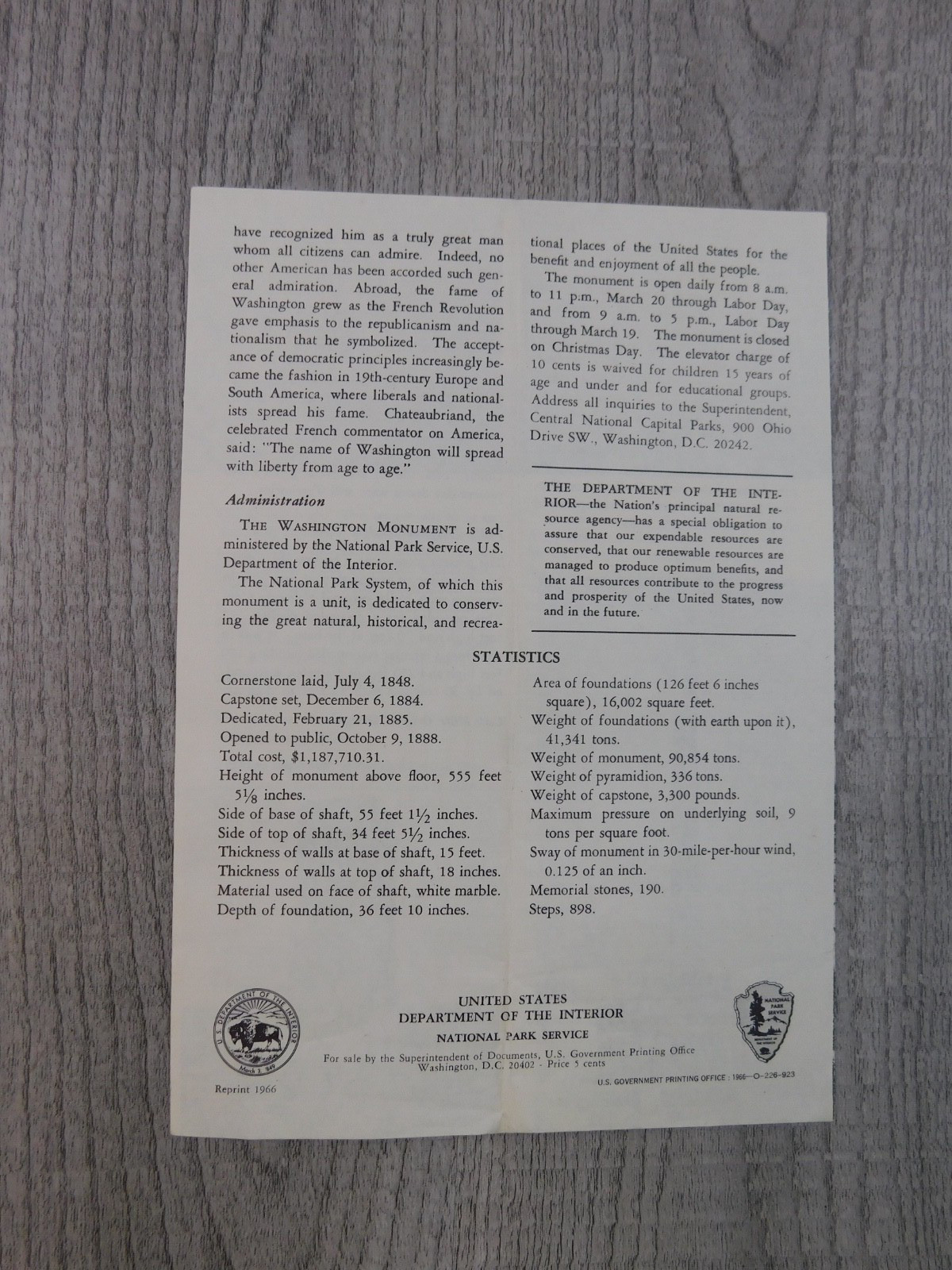 Washington Monument Brochure 1966 History Dept of Interior Nat’l Park Service