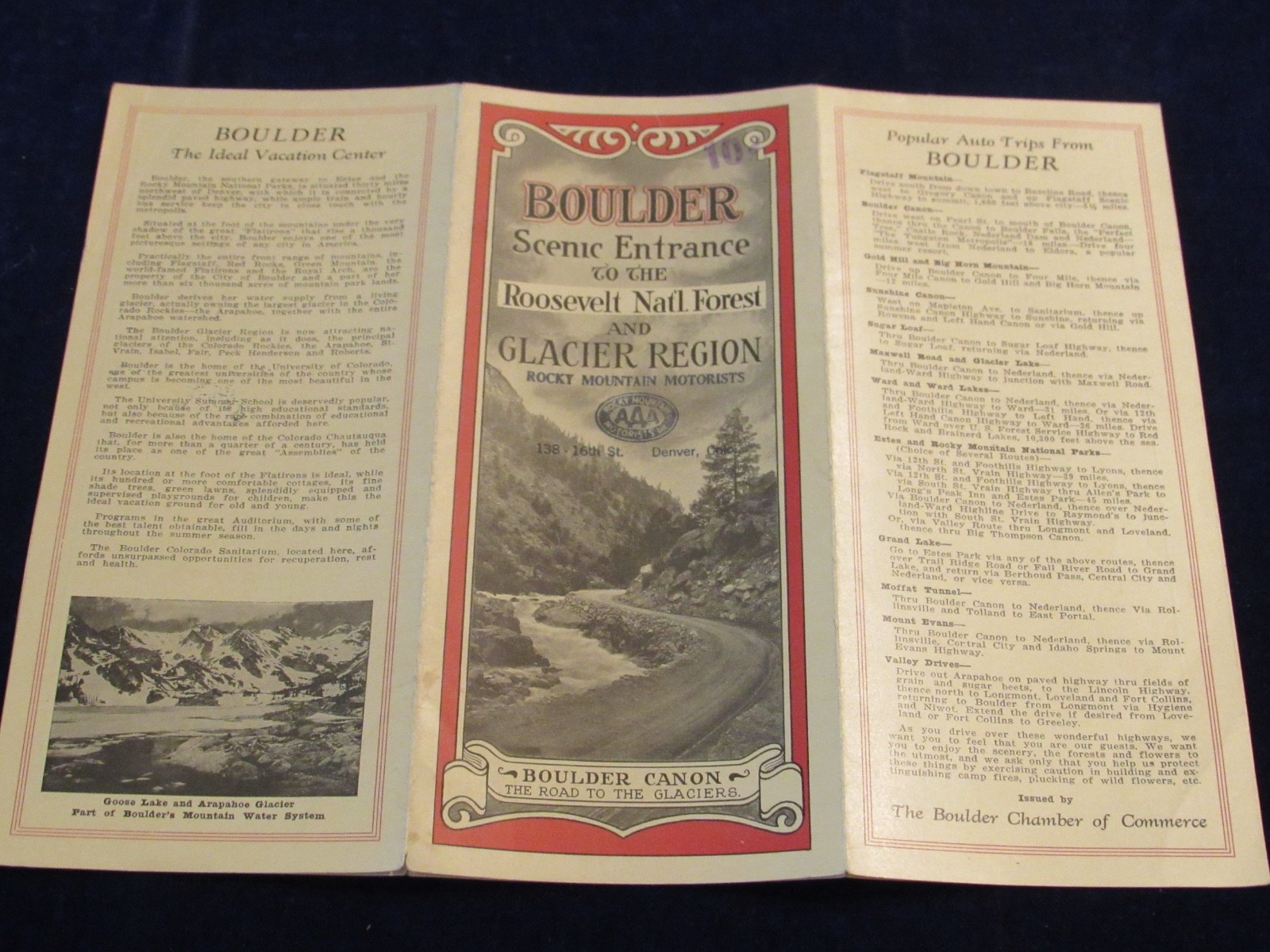 Vtg 1923 Boulder CO Entrance to Roosevelt Nat Forest & Glacier Brochure Map C273