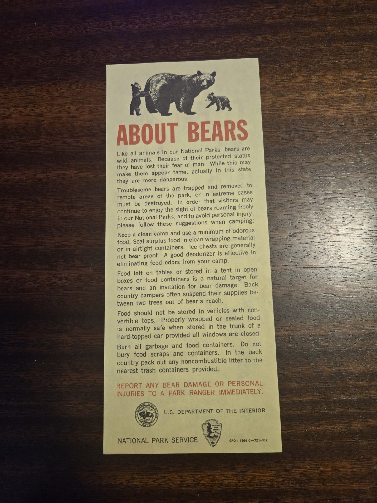 National Park Service Bear Safety Warning 1960s