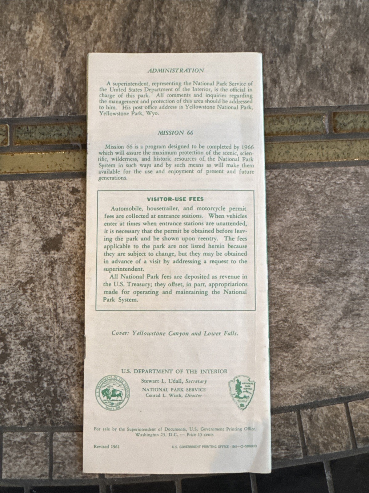 1961 YELLOWSTONE National Park Service Travel BROCHURE Wyoming Montana Idaho