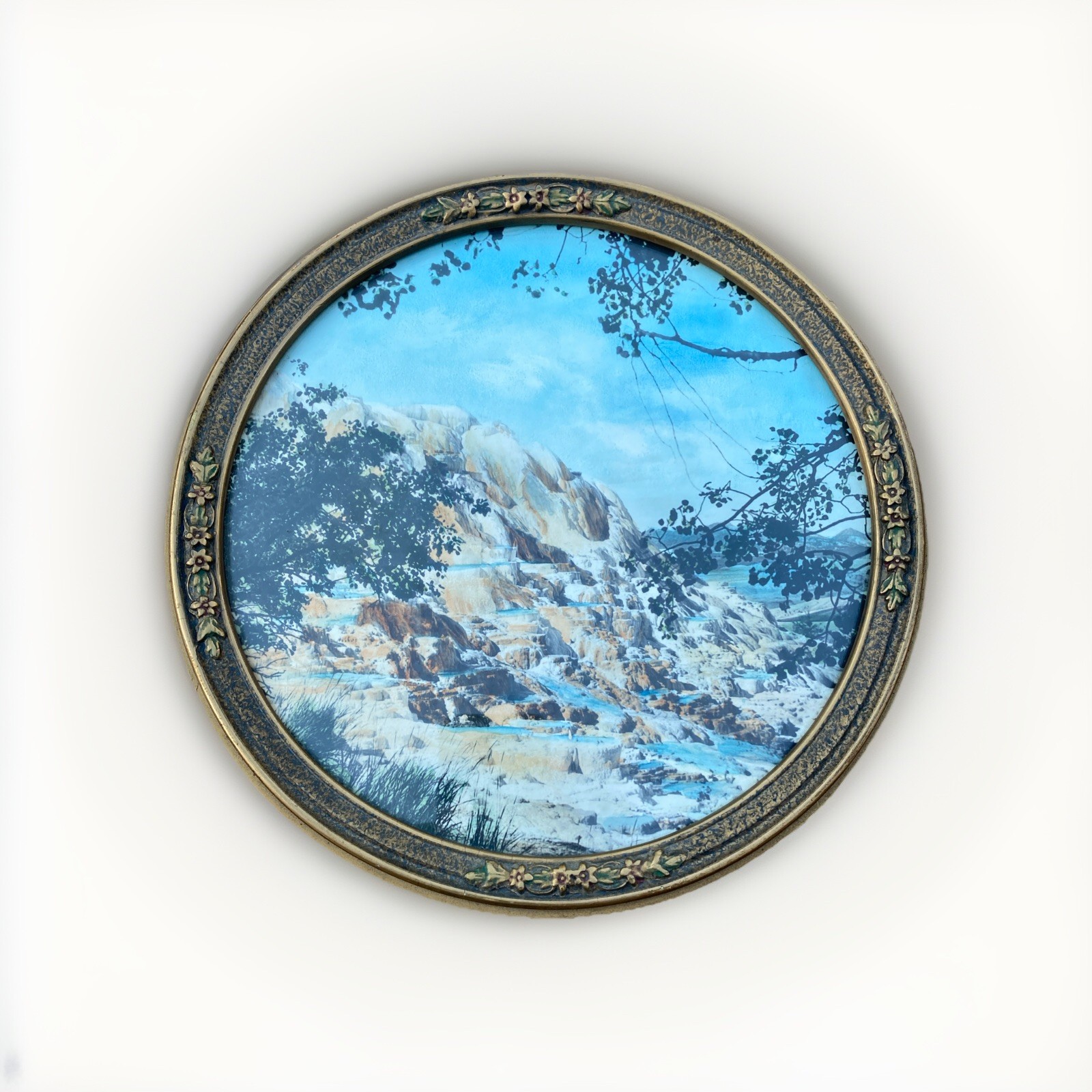 C.1920S JACK ELLIS HAYNES YELLOWSTONE PARK HAND TINTED PHOTOGRAPH FRAMED ROUND