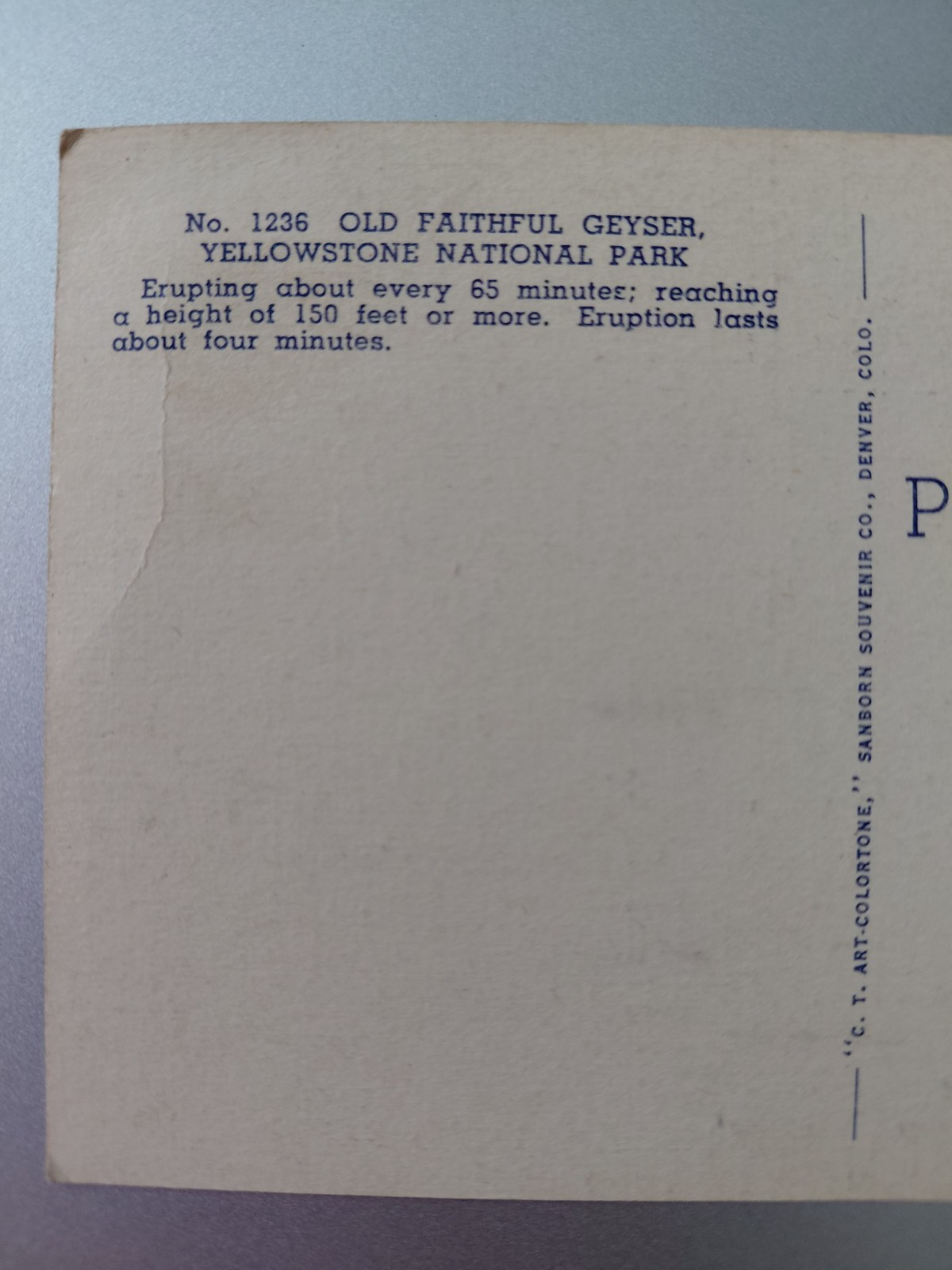 Vintage Old Faithful Geyser Yellowstone National Park Lithograph Postcard # 1236
