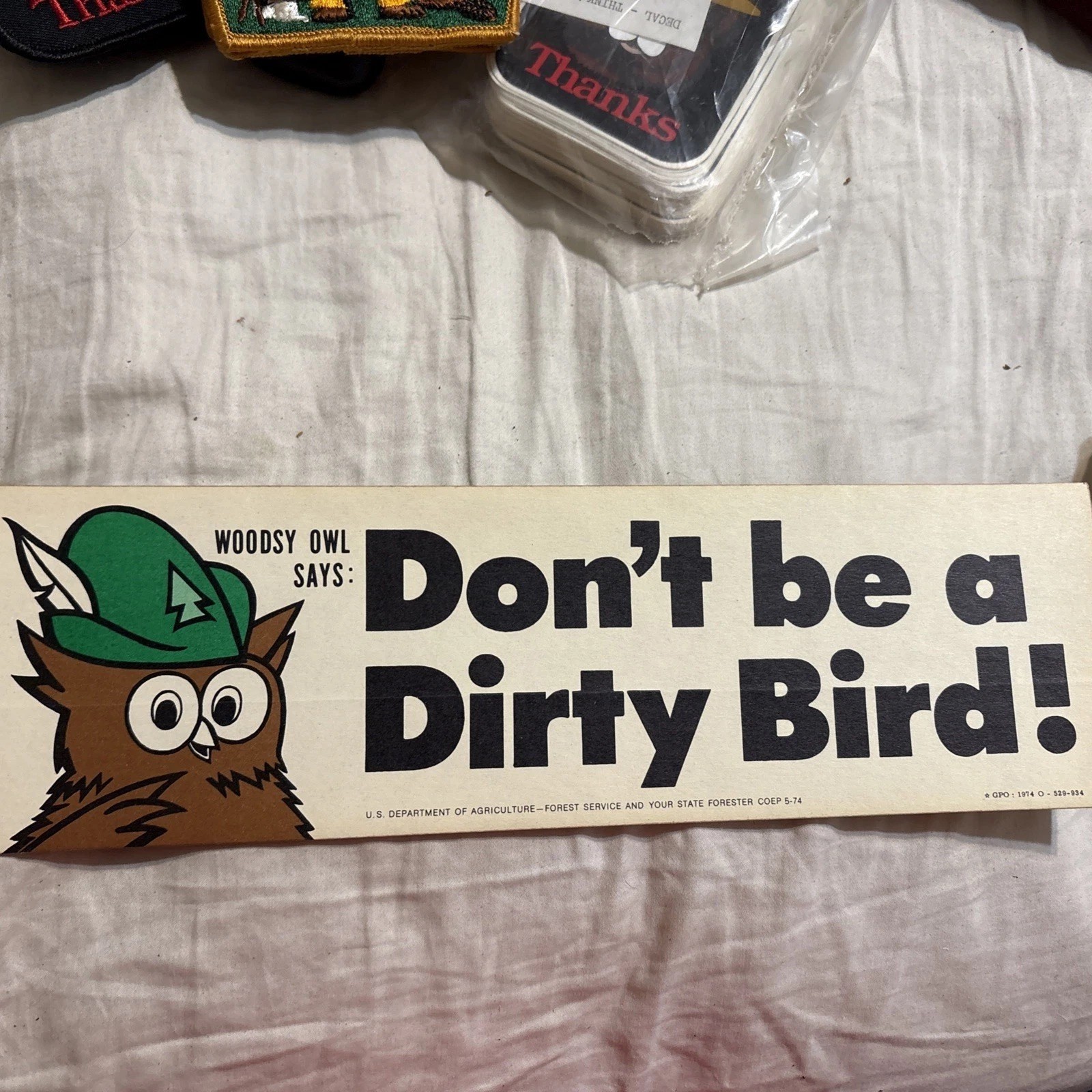 Vintage Woodsy Owl Bumper Sticker- 1974 “Don’t Be A Dirty Bird”