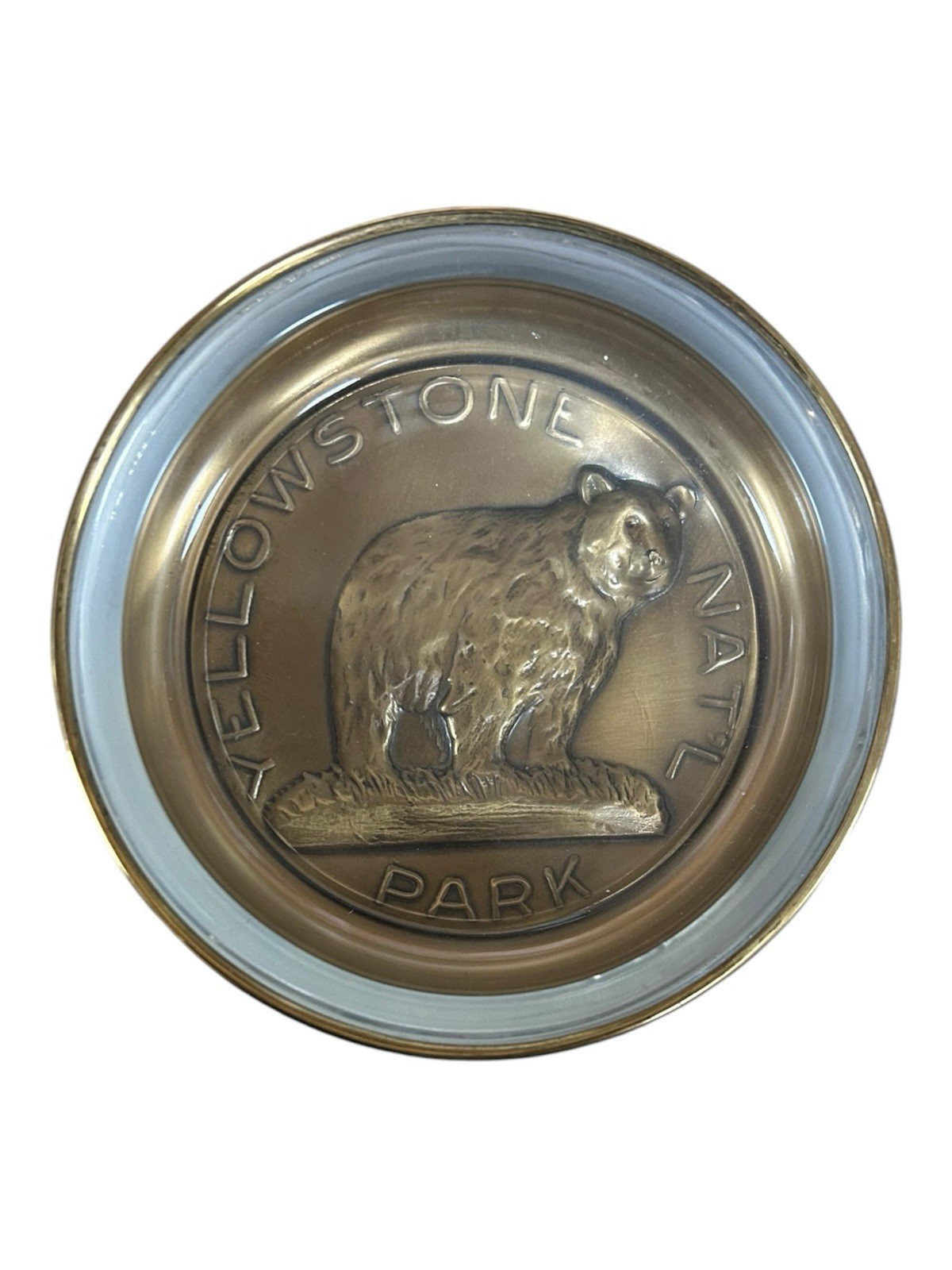 Vintage 1950’s Bates & Klink GRIZZLY BEAR Brass Glass Dish Tray YELLOWSTONE USA