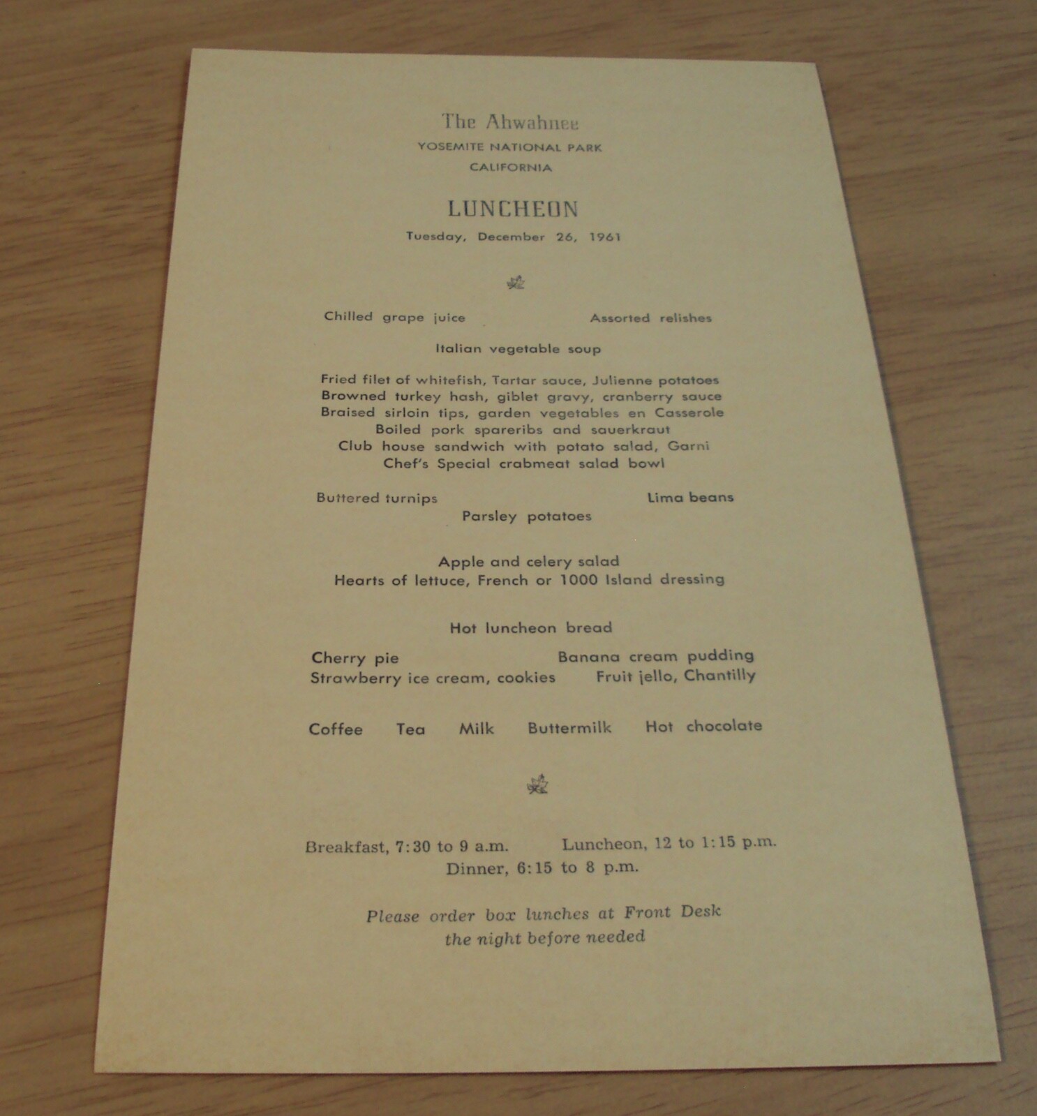 1961 AHWAHNEE Hotel Menu~”TREES of YOSEMITE”~Sierra Juniper WOODCUT~Della Hoss~