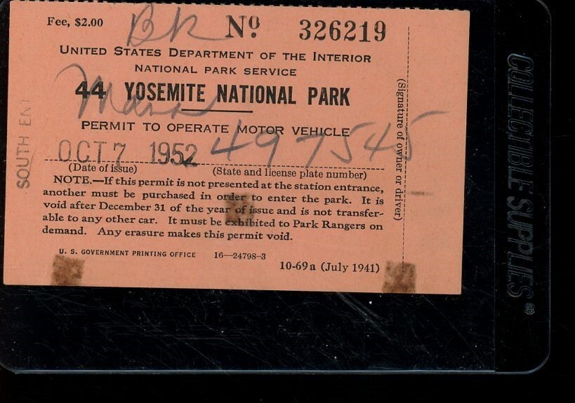 1952 Yosemite National Park Motor Vehicle Permit