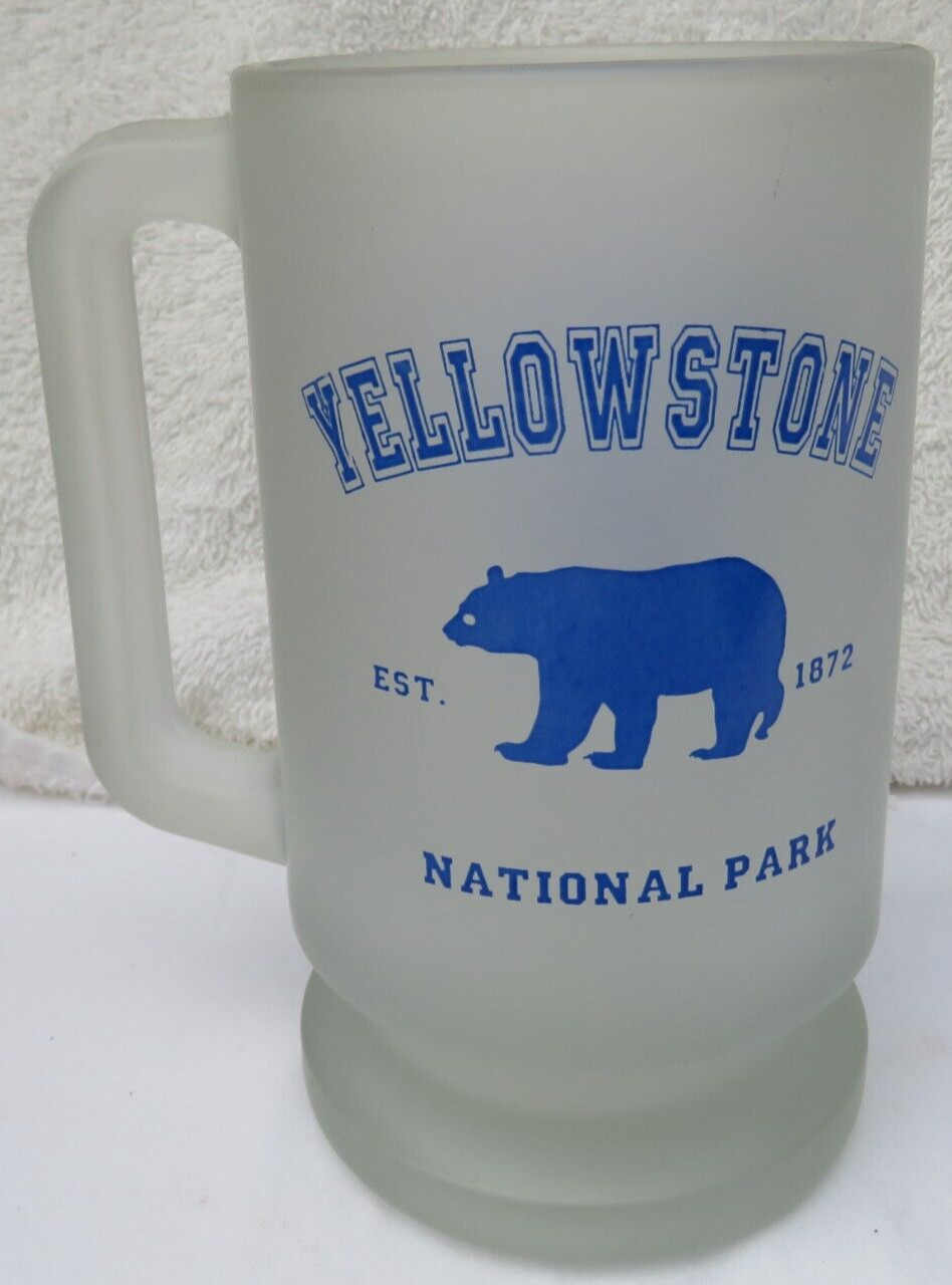 Vintage Yellowstone National Park Frosted Glass Beer Mug Blue- Bear-Date
