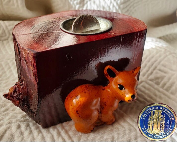 1940s Vintage MUIR WOODS California REDWOOD Forest PIGGY BANK Baby Fox SOUVENIR