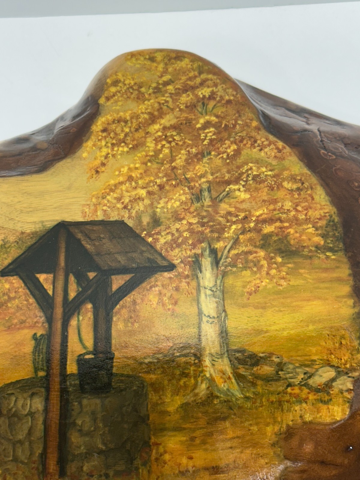 Vtg Oregon Myrtlewood signed painting wellhouse scene glazed 9 1/2″ x 14 1/4