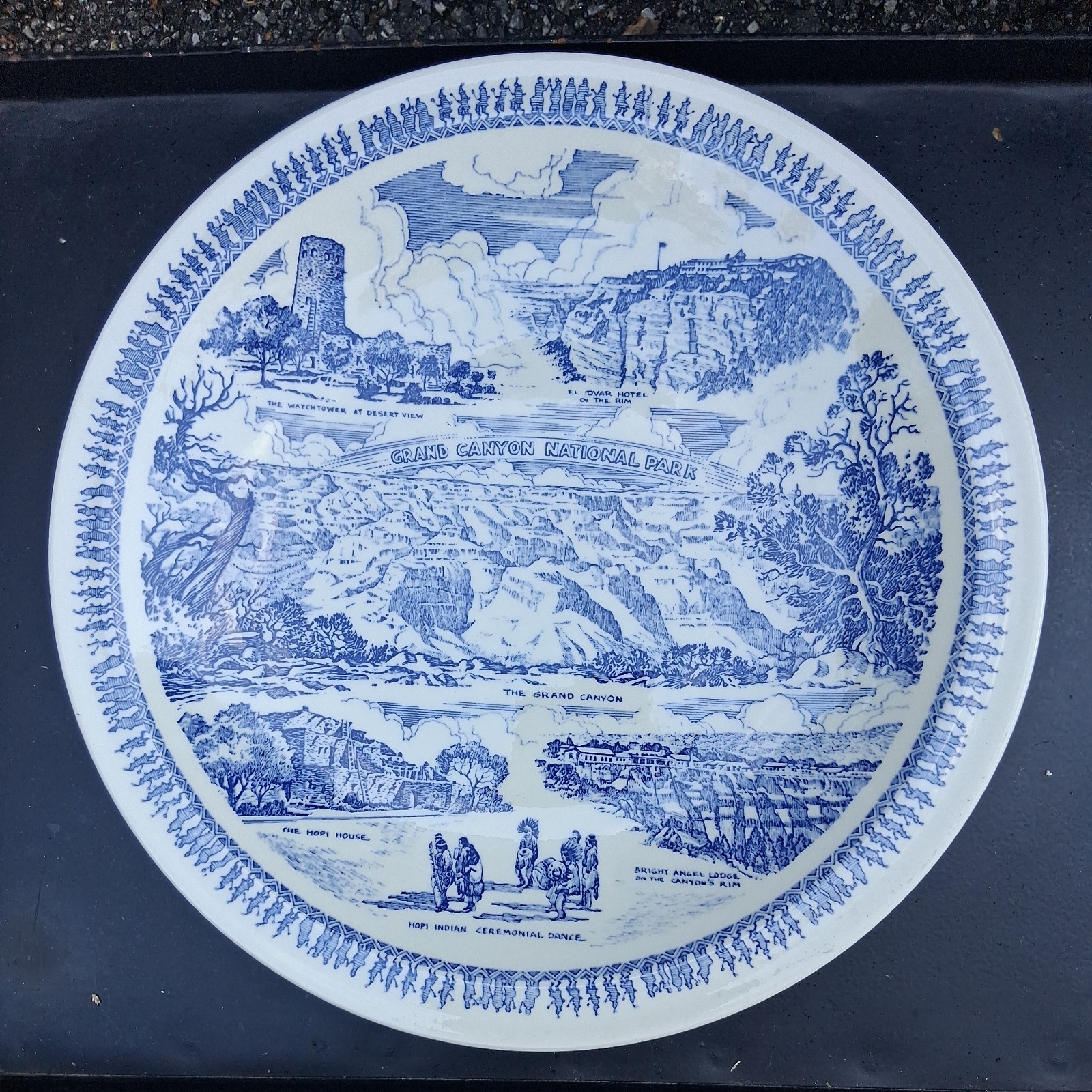 VINTAGE BLUE Vernon Kilns GRAND CANYON NATIONAL PARK SOUVENIR PLATE FRED HARVEY