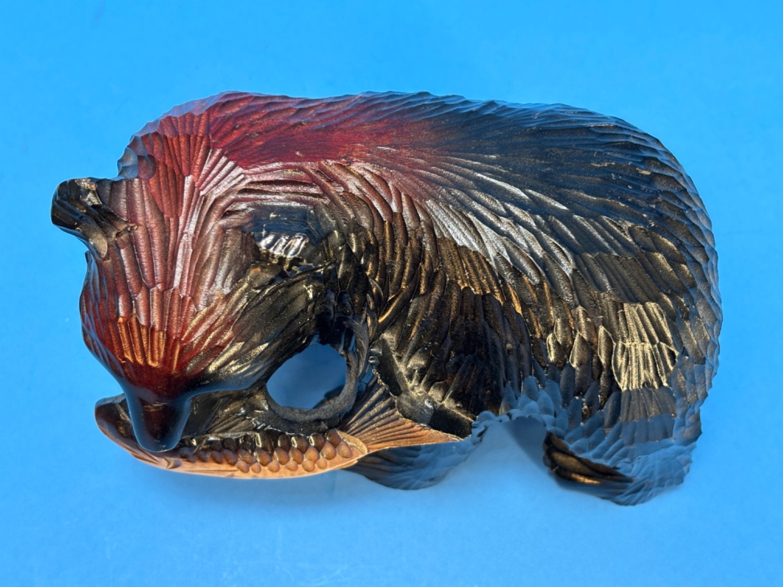 VTG Hokkaido Japan Kibori-Kuma Carved Bear w/Salmon ~ Yellowstone Park Souvenir
