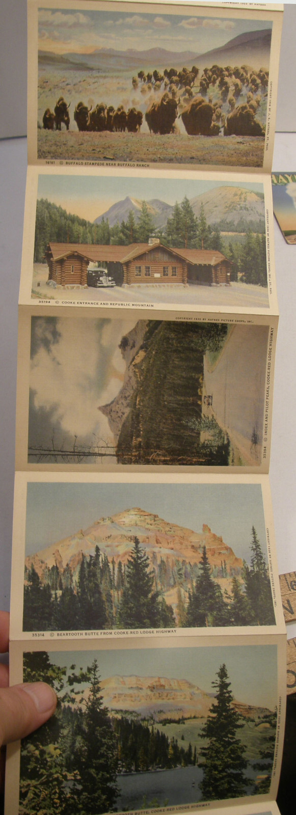 VINTAGE c1937 HAYNES SOUVENIR FOLDER POSTCARD YELLOWSTONE PARK SERIES A B C D