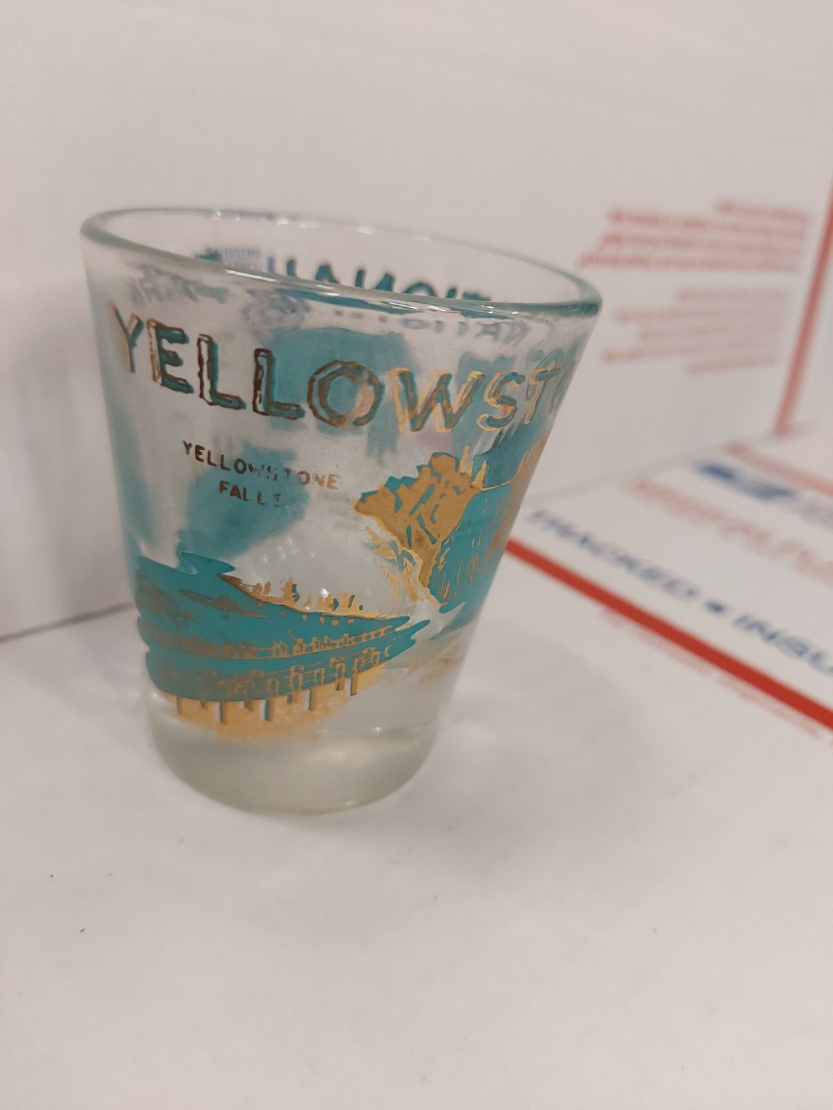 VTG Yellowstone National Park Souvenir Glass Tall, Blue/Gold