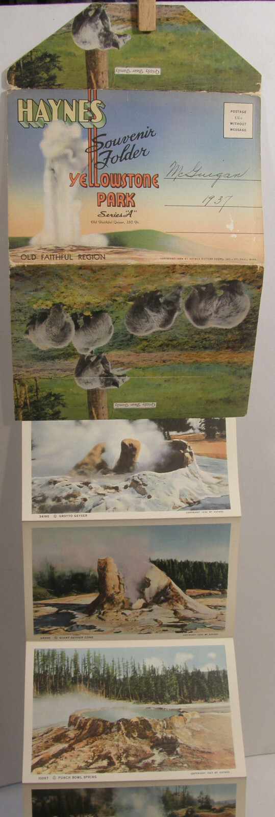 VINTAGE c1937 HAYNES SOUVENIR FOLDER POSTCARD YELLOWSTONE PARK SERIES A B C D