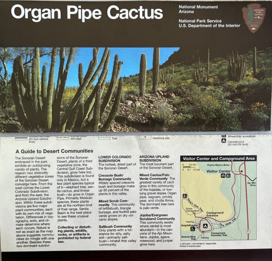 Vintage 2001 ORGAN PIPE CACTUS NM NATIONAL PARK SERVICE UNIGRID BROCHURE/MAP