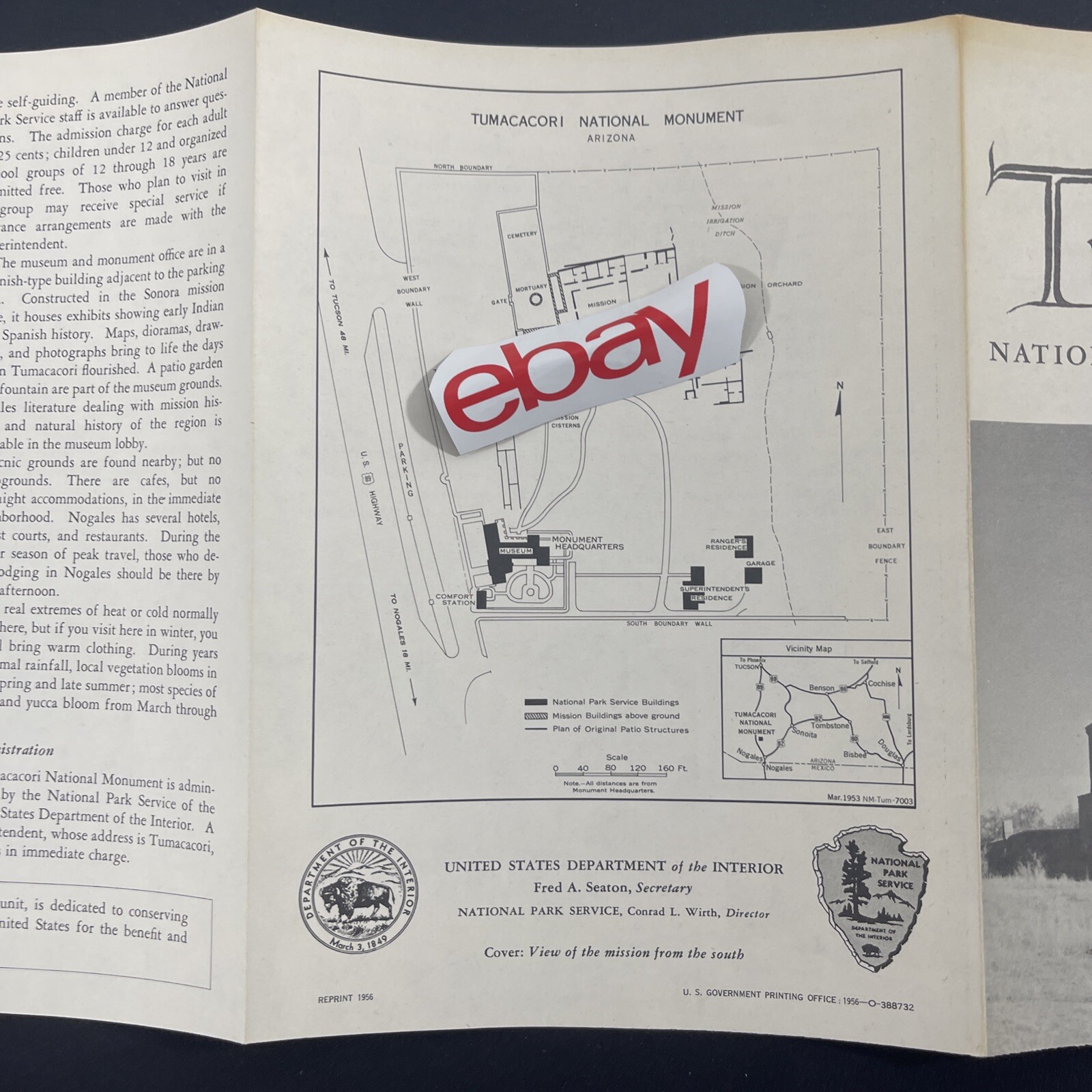 Vintage 1956 Tumacacori National Monument Brochure Pamphlet Map Guide Info AZ