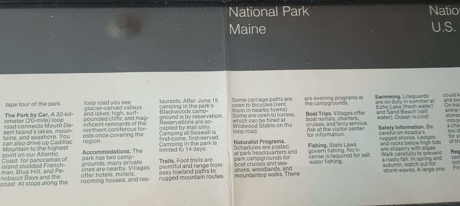 Framed Acadia National Park Map/Brochure 1987 Mount Desert Island Maine 19 x 25