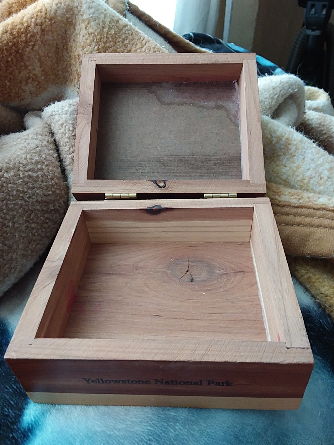 Yellowstone National Park Wooden Trinket Box Has Stickers On It Hinges Are Loose