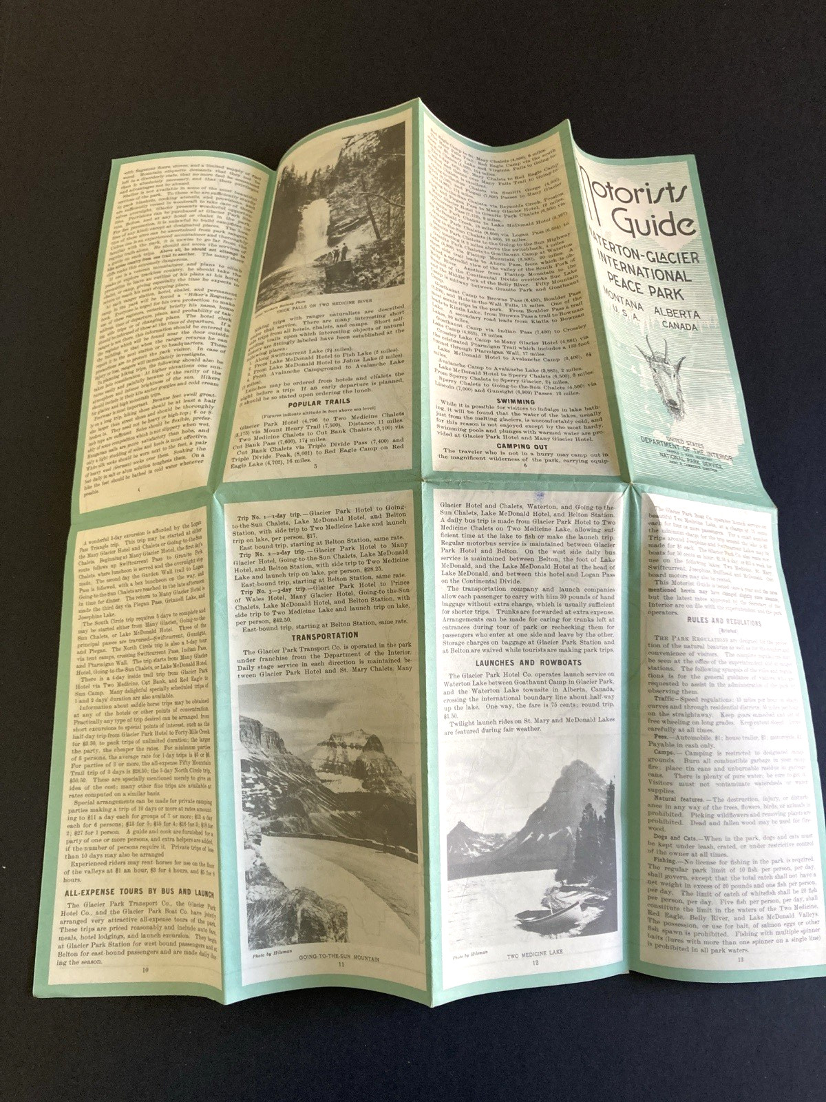 Vintage 1938 Motorists Guide GLACIER National Park Brochure Outdoors Hiking