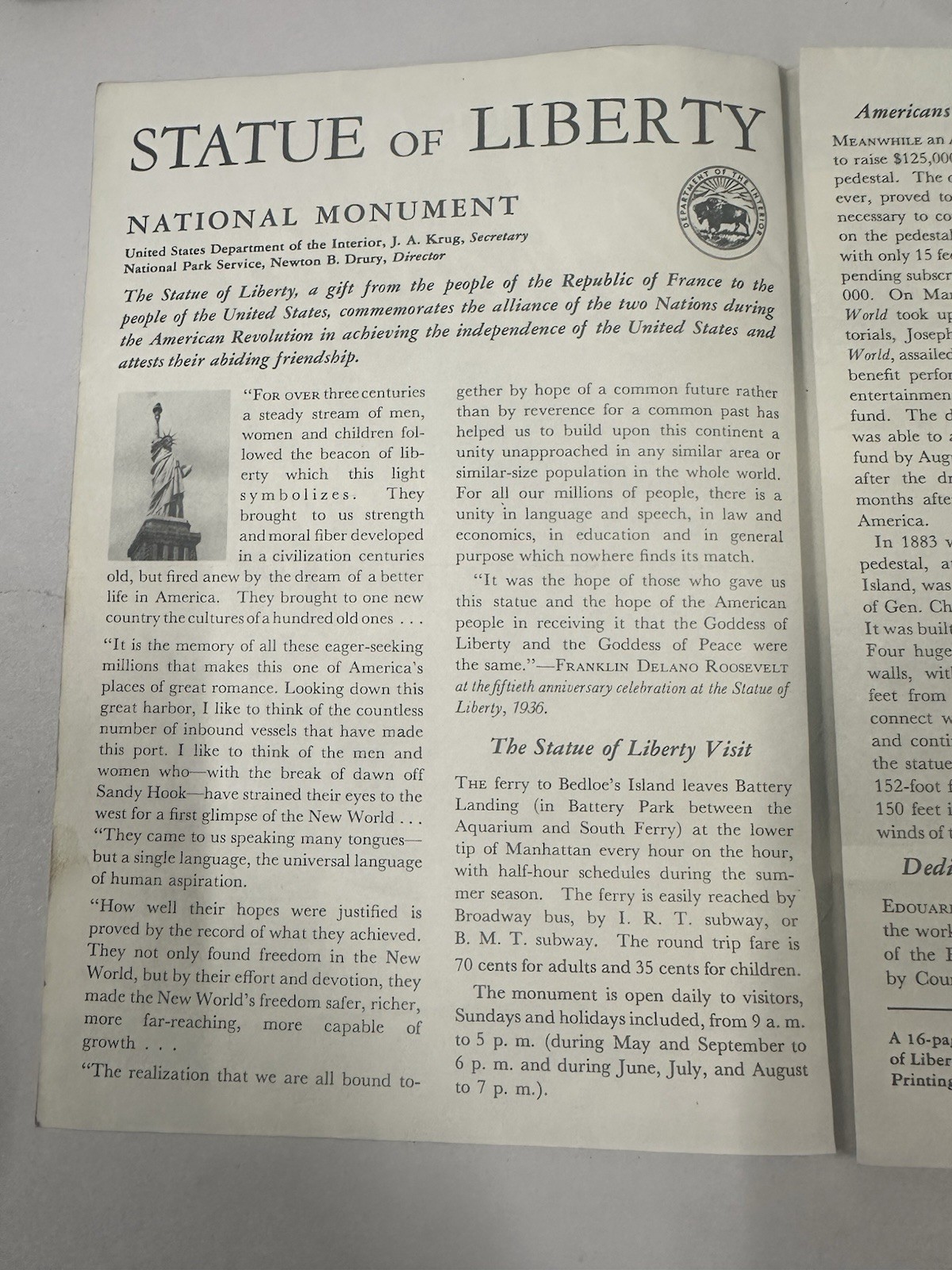 1948 Statue of Liberty National Monument Booklet Bedloe’s Island