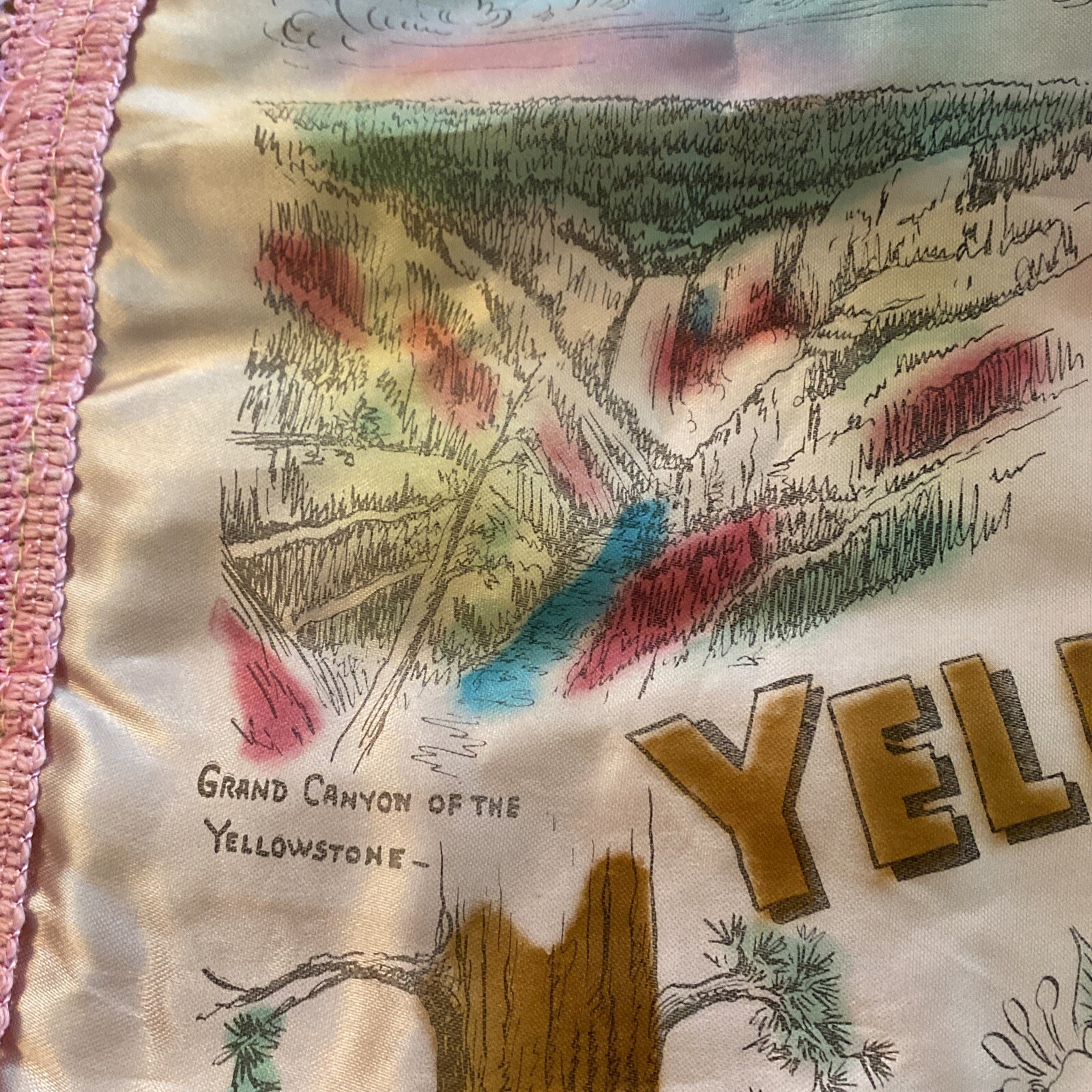 Vintage Yellowstone Park Souvenir Pillow Cover Pink Satin Sham w/ Fringe + Poem