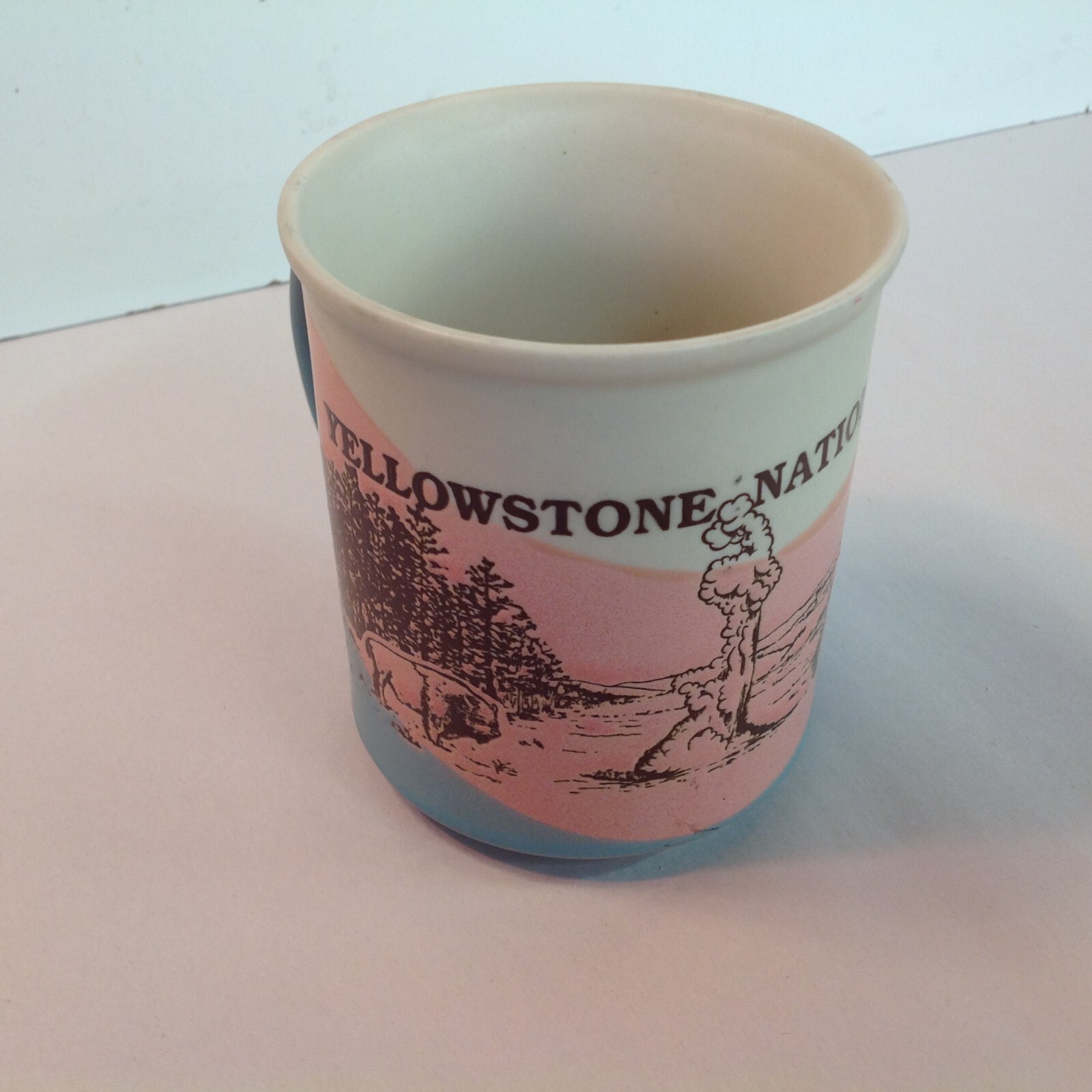 Vintage Souvenir Coffee Mug Yellowstone National Park Pink Blue Cream Buffalo US