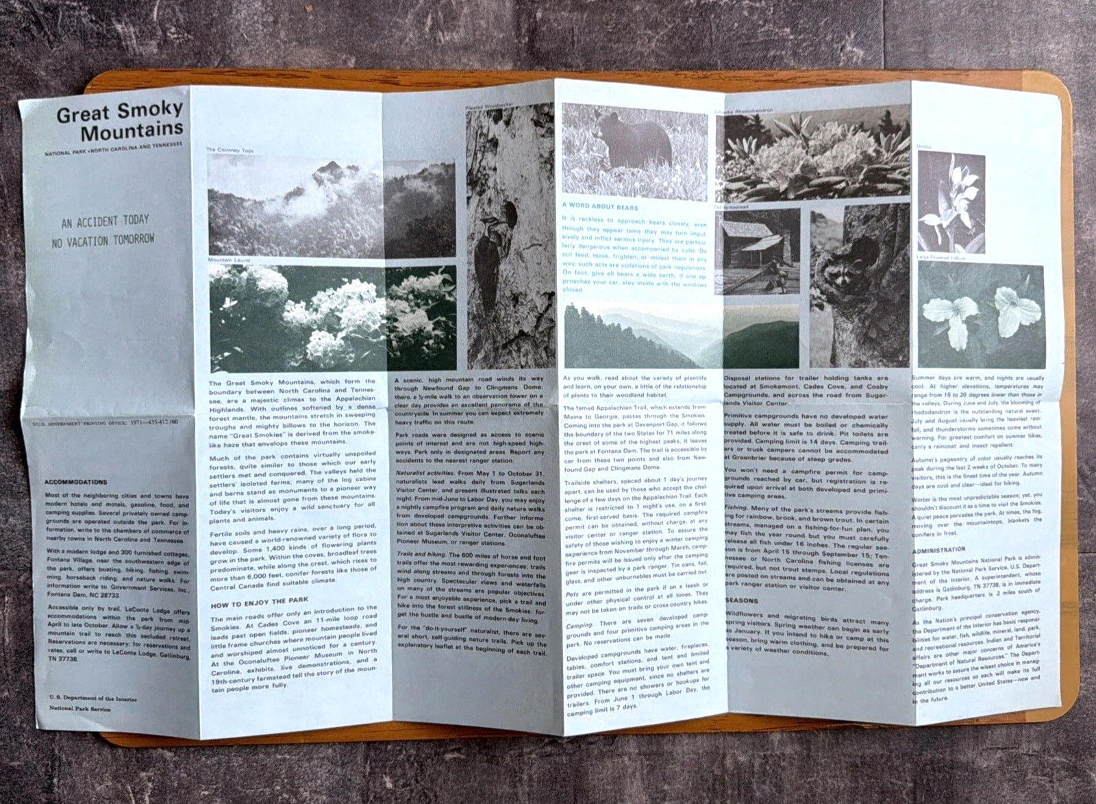 1971 Dept. of the Interior GREAT SMOKY MOUNTAINS NATIONAL PARK Map / Brochure