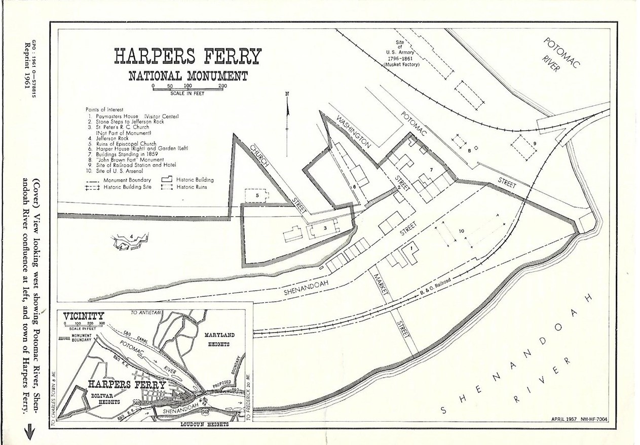 1961 Map Brochure HARPERS FERRY National Monument West Virginia Potomac River