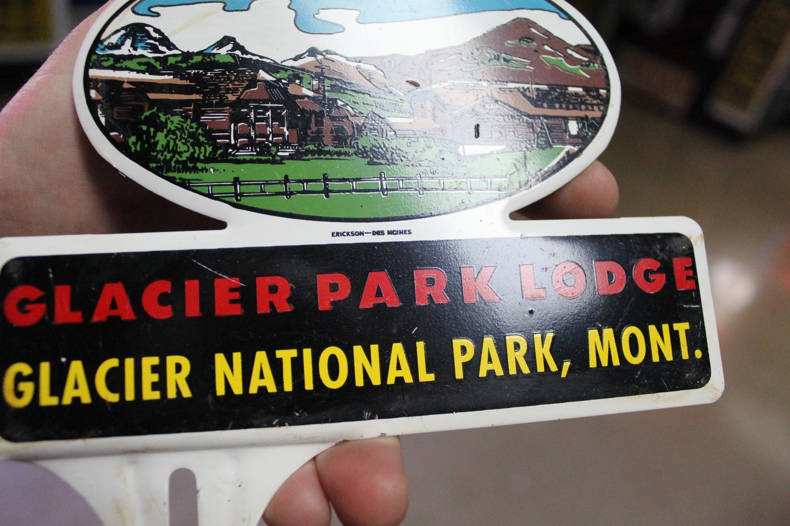 RARE 1950s GLACIER NATIONAL PARK LODGE MONTANA STAMPED PAINTED METAL TOPPER SIGN