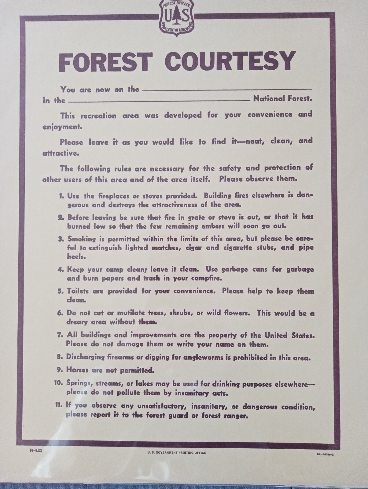 Original Vintage National Forest Service Paper Sign. “Forest Courtesy” camp fish