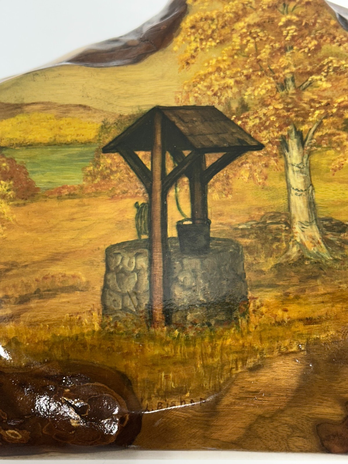 Vtg Oregon Myrtlewood signed painting wellhouse scene glazed 9 1/2″ x 14 1/4