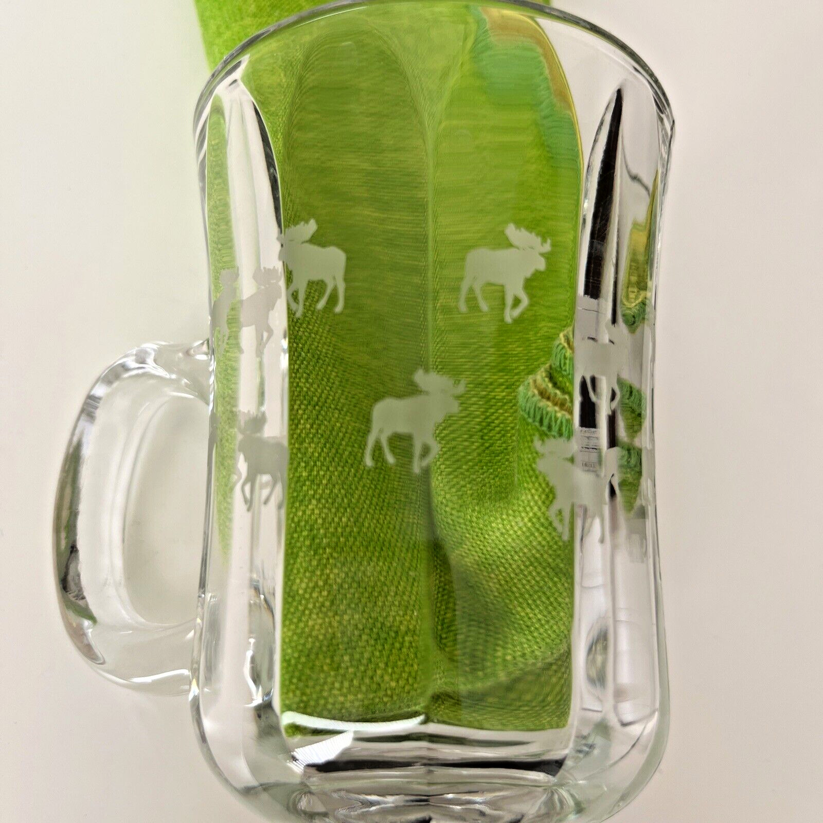 Vintage Yellowstone Footed Clear Glass Mug W/Etched Moose 12 Oz Stands 5.5″