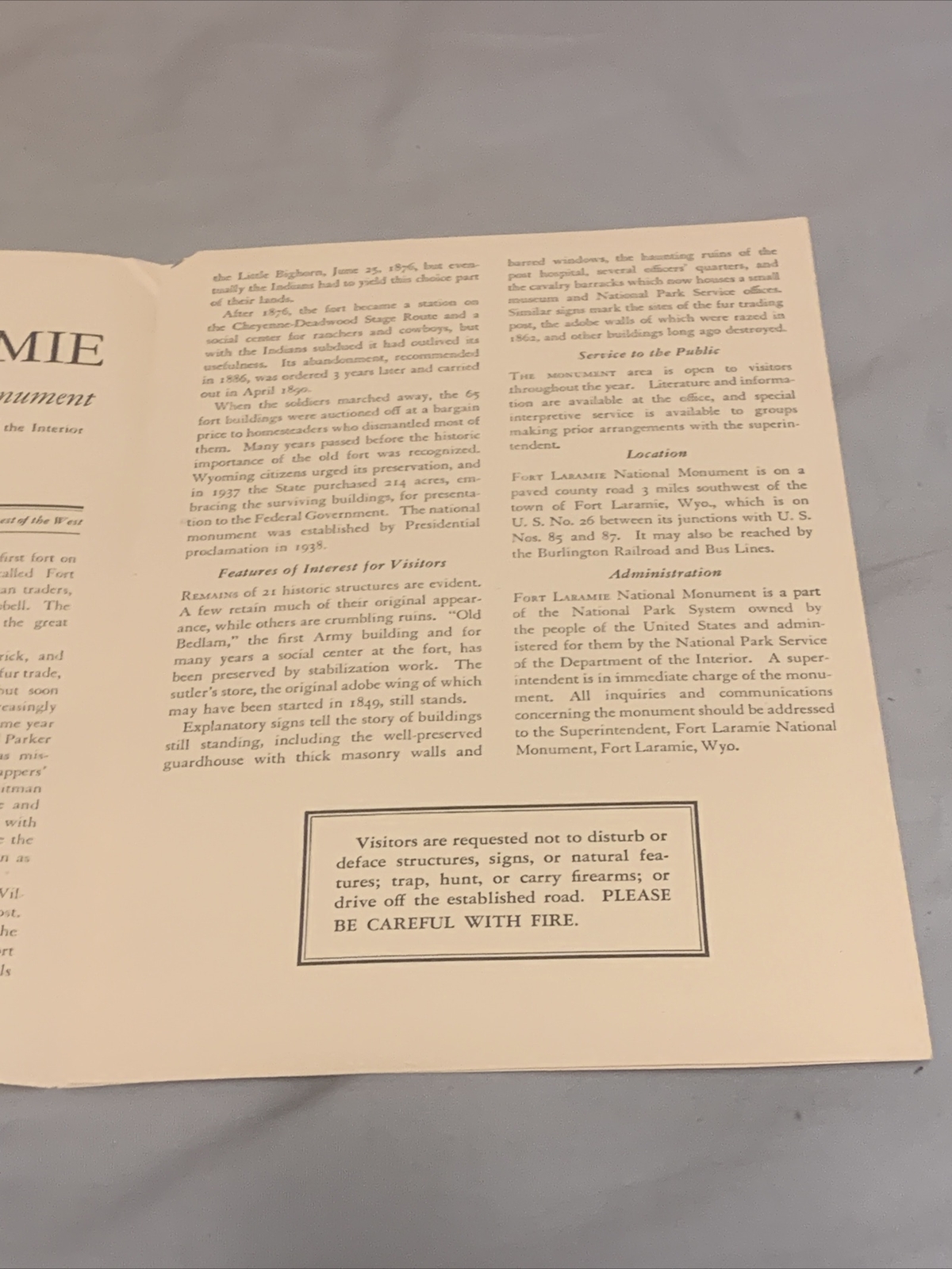Vintage Rare – Fort Laramie National Monument Wyoming Brochure Pamphlet Map 1952