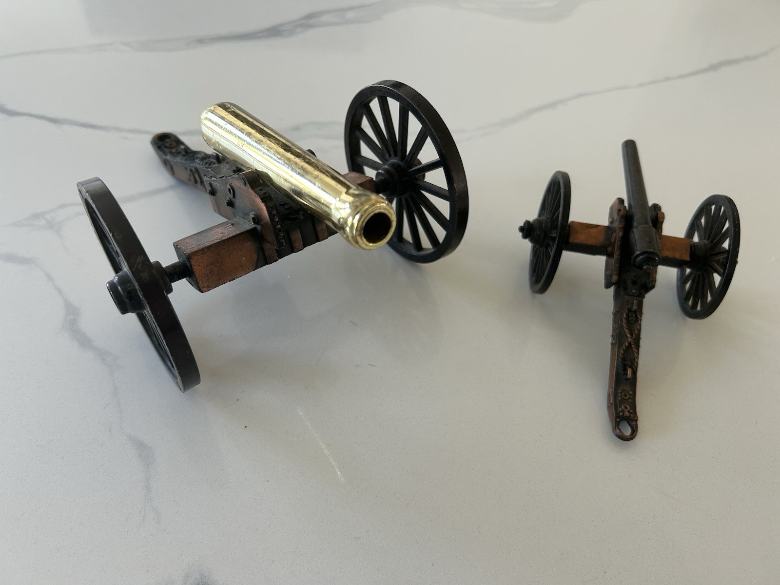 Vtg Miniature Brass ,Cast Iron Cannon Pair Military Replica Civil War Style Deco