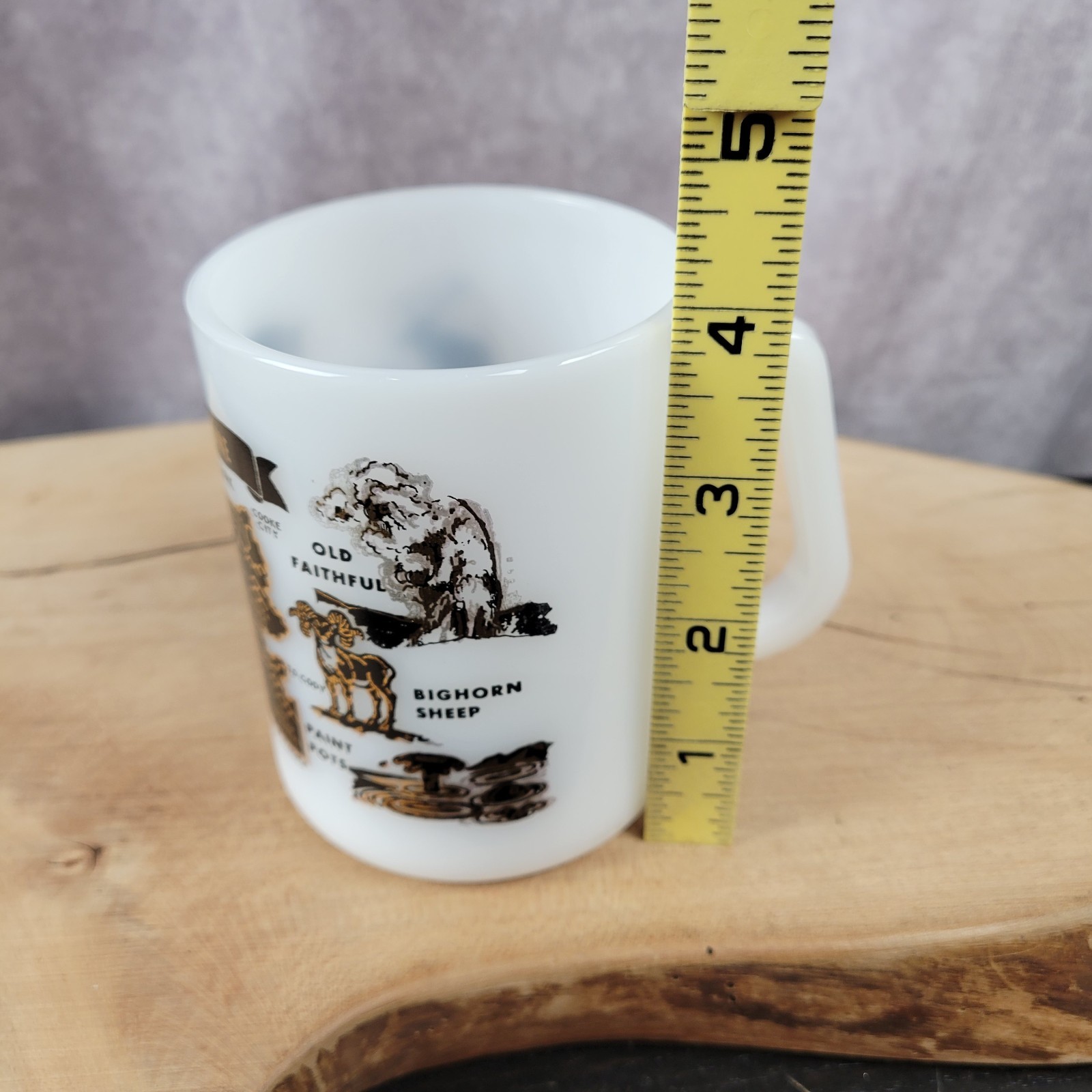 Vintage Yellowstone National Park Mug Federal Milk Glass Cup White Gold Black