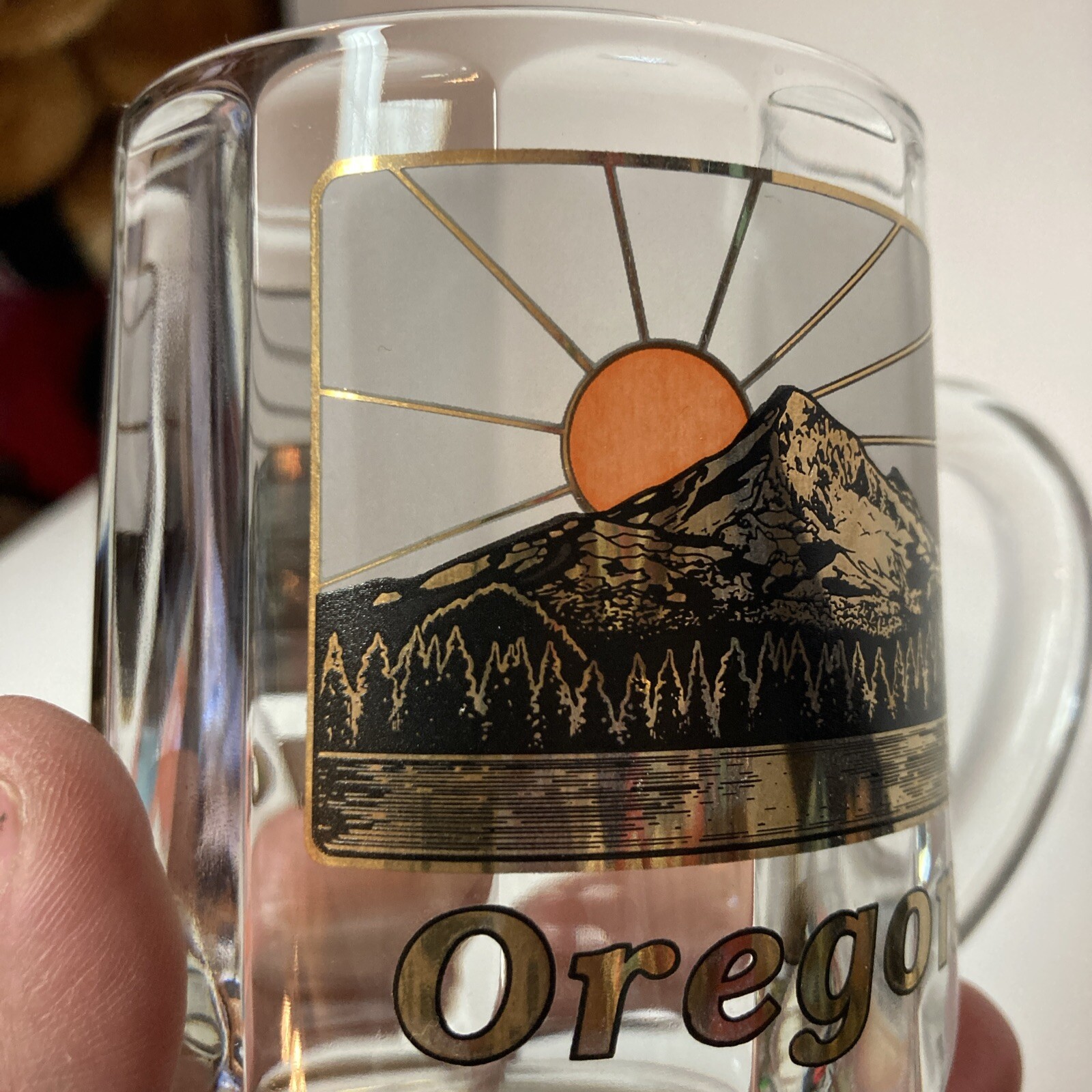 Oregon Coffee Mug Souvenir Glass 22K Gold Black Orange Mt. McLaughlin Sunset USA