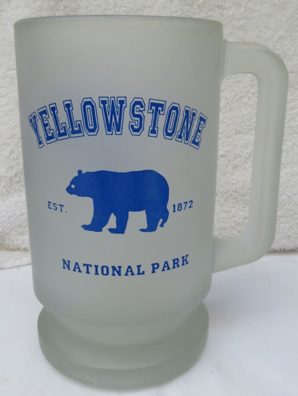 Vintage Yellowstone National Park Frosted Glass Beer Mug Blue- Bear-Date