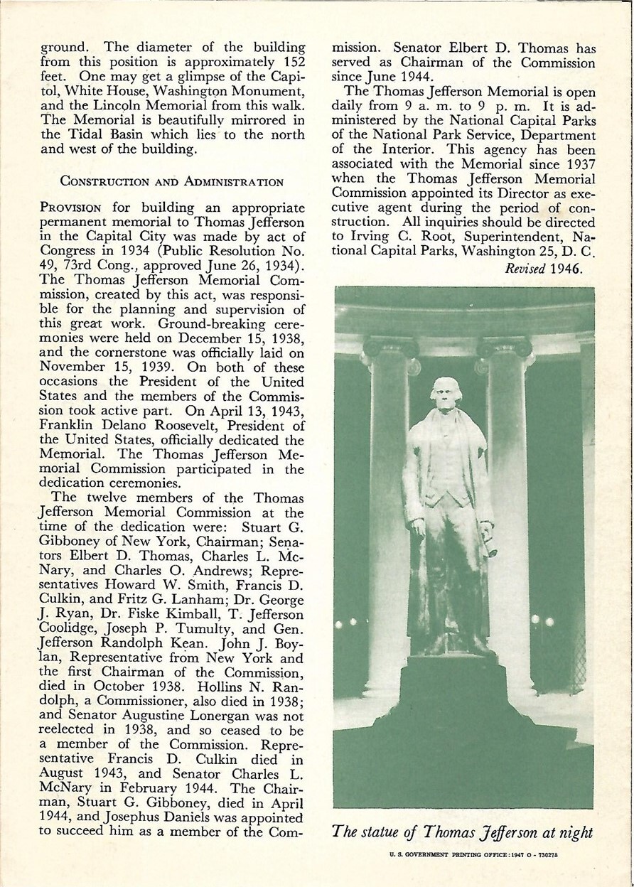 Official 1947 National Park Service THOMAS JEFFERSON MEMORIAL Leaflet Washington