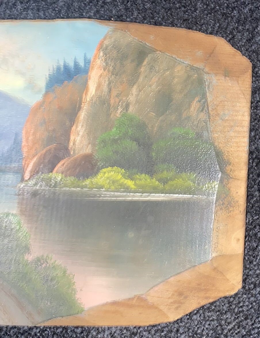 1937 Glacier National Park slab wood painting Mountain Lake 15 1/8″ by 7 5/8″