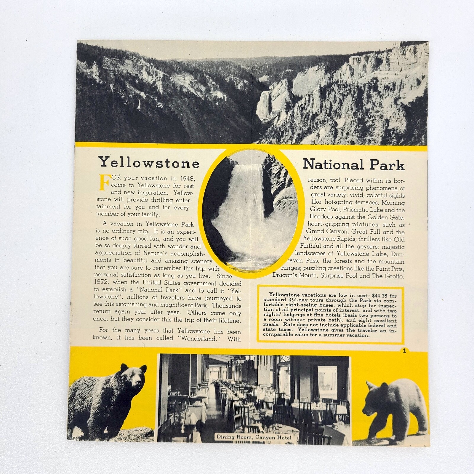 1948 Yellowstone National Park Travel Brochure Wyoming Hotels Old Faithful WY