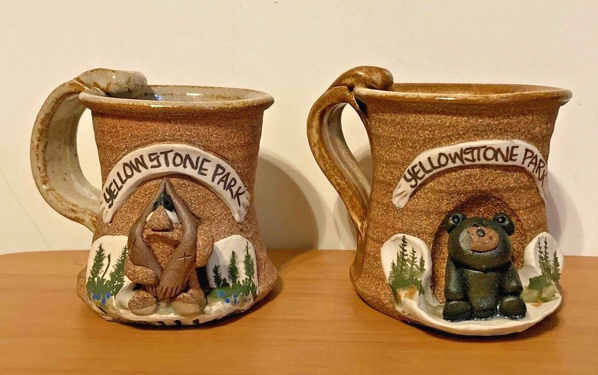 2 Yellowstone Park Souvenir Cups with Clay Ceramic Animal Figures
