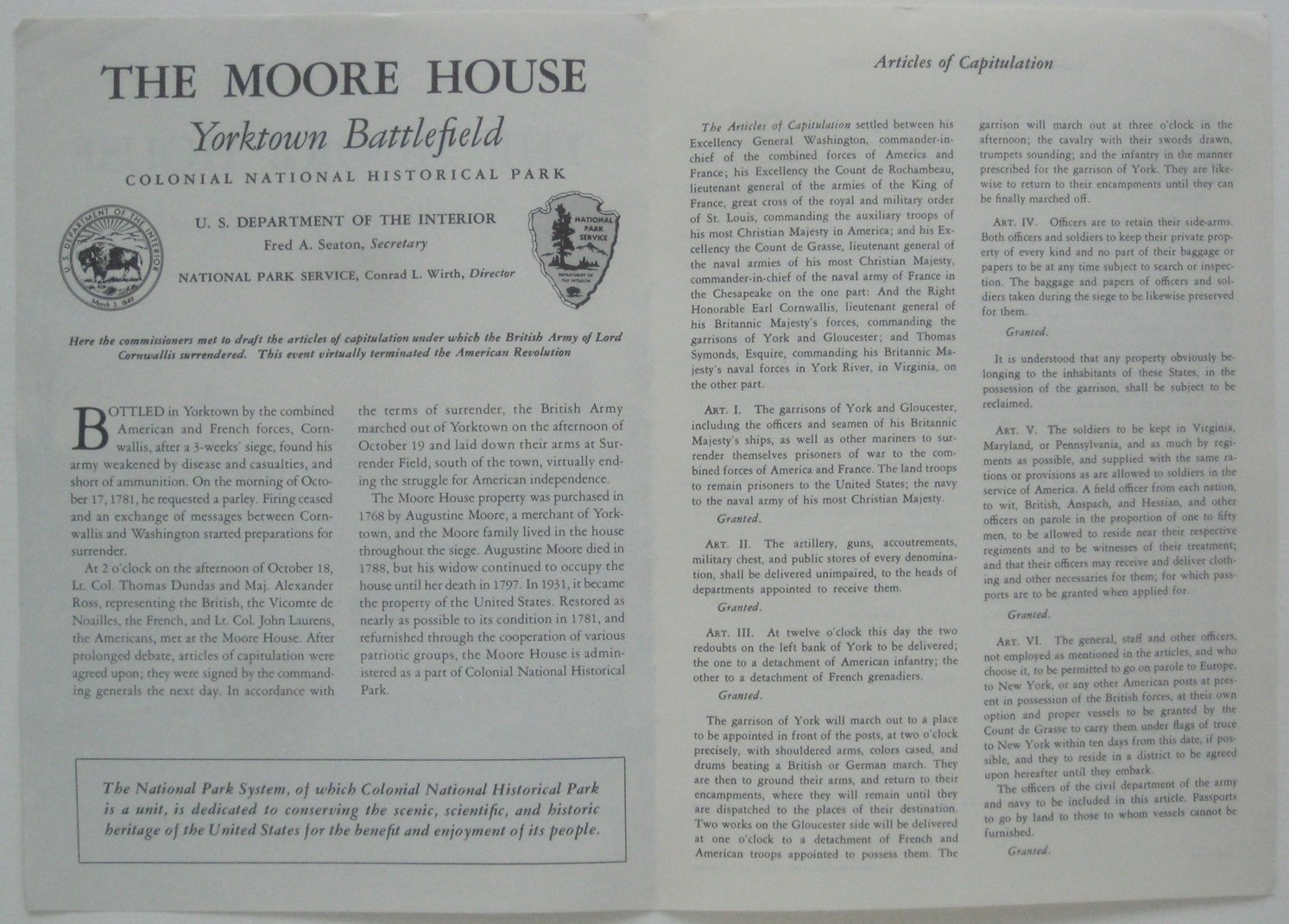 Original 1957 Brochure MOORE HOUSE Articles of Capitulation YORKTOWN BATTLEFIELD