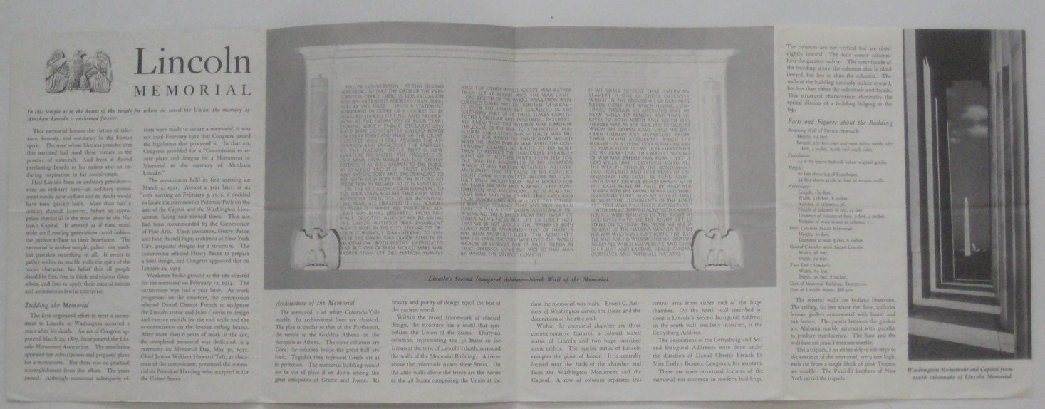Official 1962 National Park Service LINCOLN MEMORIAL Brochre Washington D.C.
