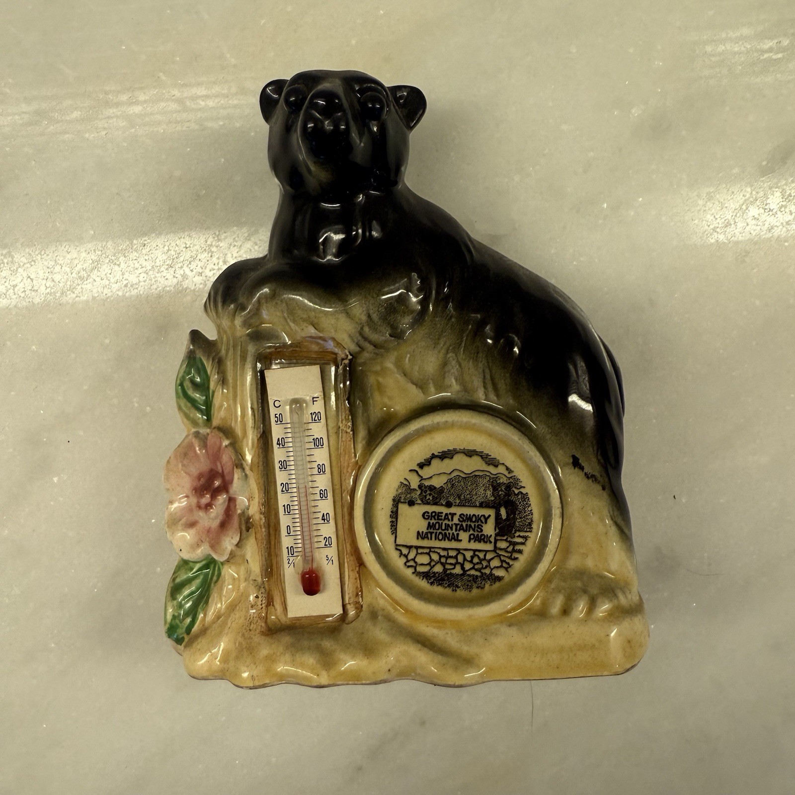 Vintage Great Smoky Mountains National Parks Ceramic Bear Flower Thermometer 80s