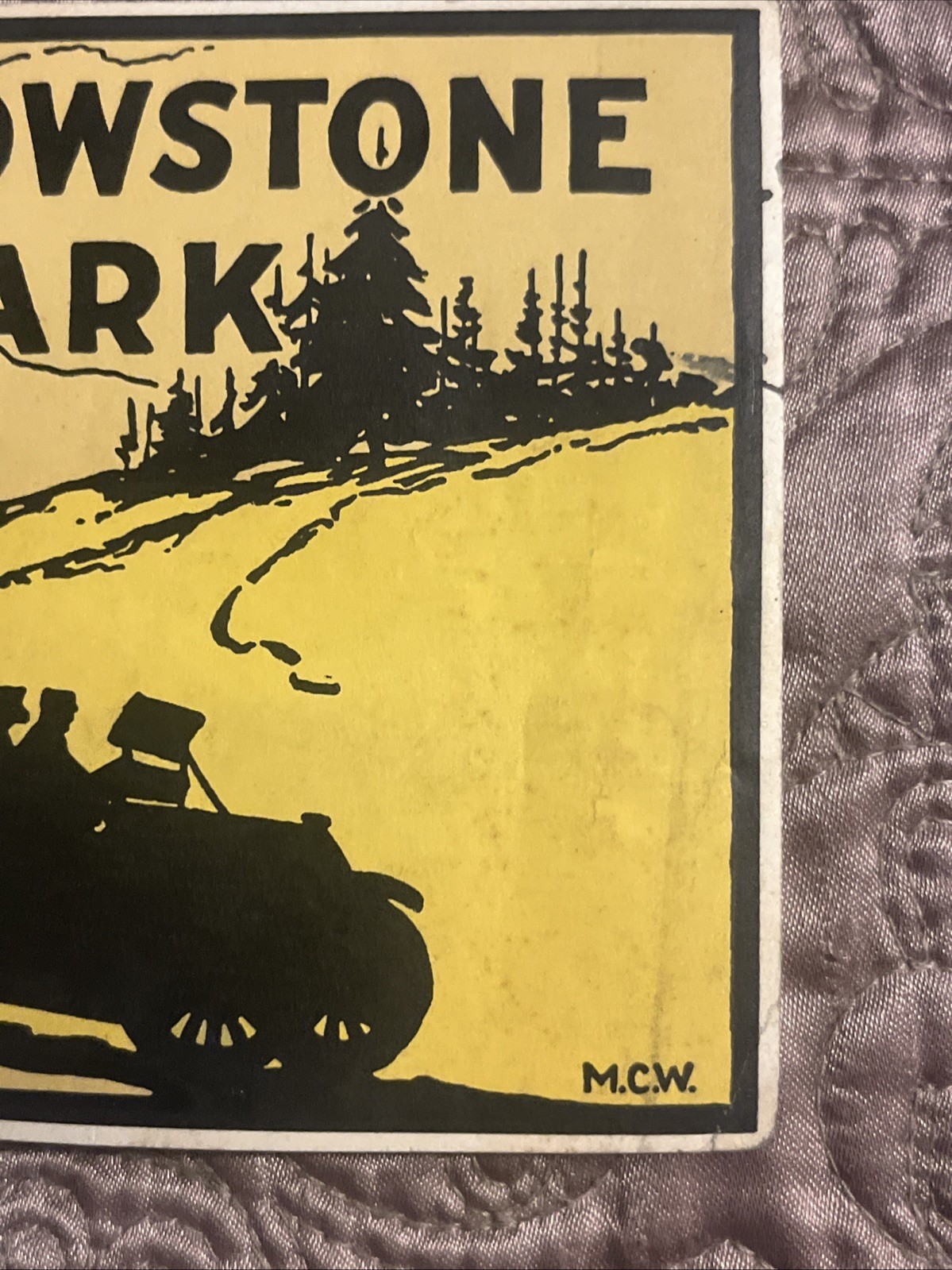 YELLOWSTONE PARK, Luggage Label / Decal, Artist’s initials M.C.W., ca1920s-30s