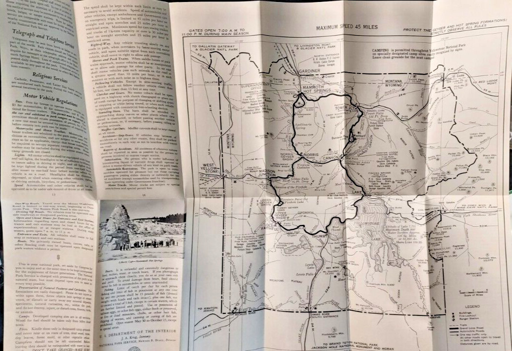 1949 Tourist Brochure Yellowstone National Park Map Falls Geysers Roads Trails