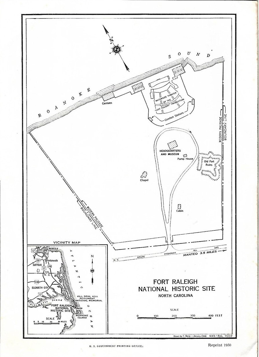 Official 1950 Map Pamphlet FORT RALEIGH NATIONAL HISTORIC SITE North Carolina